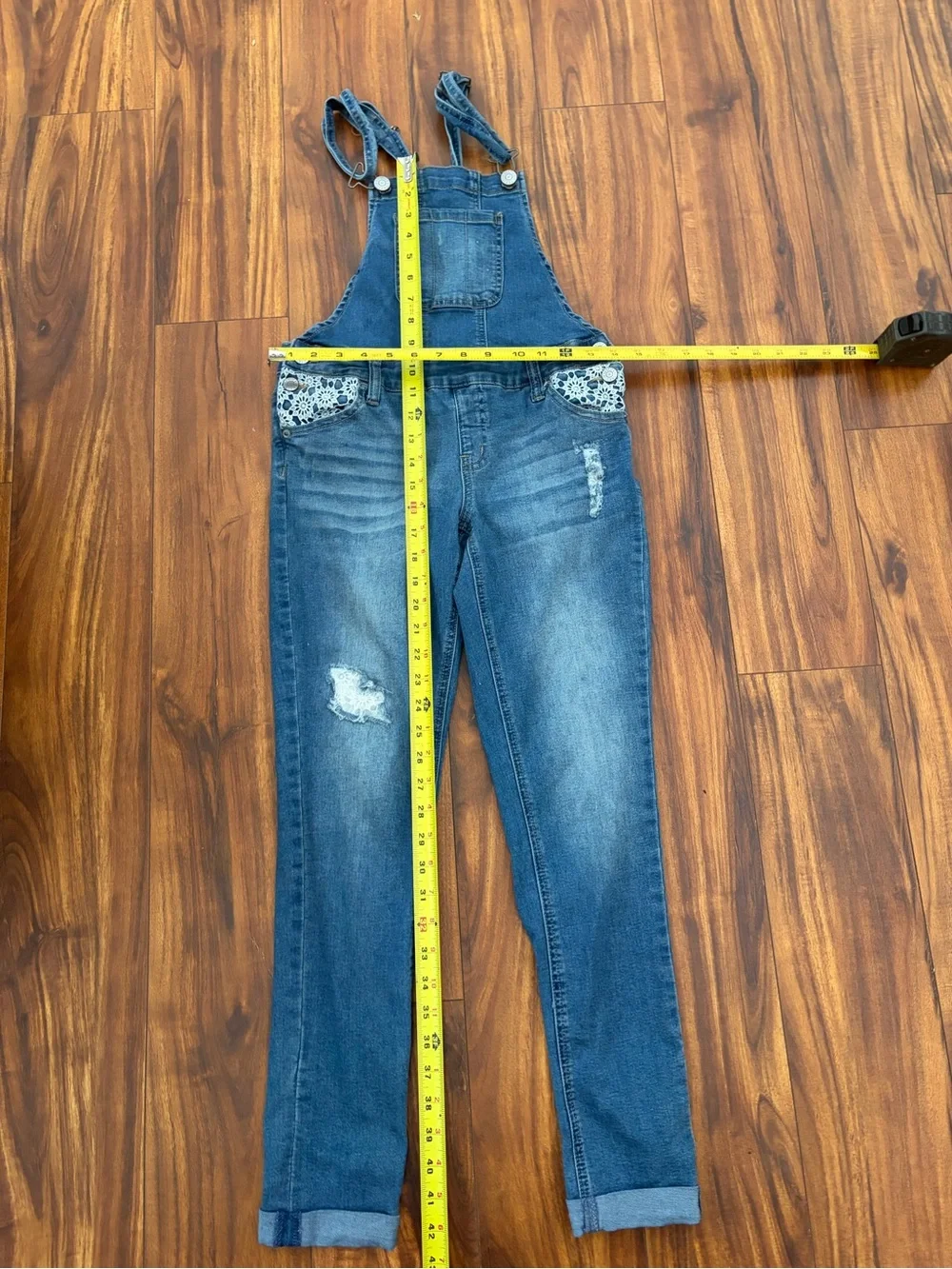 Justice Denim Lace Overalls Pockets Snap Button sides adjustable straps Youth 12